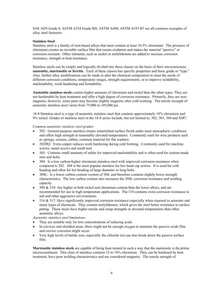 4
SAE J429 Grade 8, ASTM A354 Grade BD, ASTM A490, ASTM A193 B7 are all common examples of
alloy steel fasteners.
Stainless Steel
Stainless steel is a family of iron-based alloys that must contain at least 10.5% chromium. The presence of
chromium creates an invisible surface film that resists oxidation and makes the material “passive” or
corrosion resistant. Other elements, such as nickel or molybdenum are added to increase corrosion
resistance, strength or heat resistance.
Stainless steels can be simply and logically divided into three classes on the basis of their microstructure;
austenitic, martensitic or ferritic. Each of these classes has specific properties and basic grade or “type.”
Also, further alloy modifications can be made to alter the chemical composition to meet the needs of
different corrosion conditions, temperature ranges, strength requirements, or to improve weldability,
machinability, work hardening and formability.
Austenitic stainless steels contain higher amounts of chromium and nickel than the other types. They are
not hardenable by heat treatment and offer a high degree of corrosion resistance. Primarily, they are non-
magnetic; however, some parts may become slightly magnetic after cold working. The tensile strength of
austenitic stainless steel varies from 75,000 to 105,000 psi.
18-8 Stainless steel is a type of austenitic stainless steel that contains approximately 18% chromium and
8% nickel. Grades of stainless steel in the 18-8 series include, but not limited to; 302, 303, 304 and XM7.
Common austenitic stainless steel grades:
• 302: General purpose stainless retains untarnished surface finish under most atmospheric conditions
and offers high strength at reasonably elevated temperatures. Commonly used for wire products such
as springs, screens, cables; common material for flat washers.
• 302HQ: Extra copper reduces work hardening during cold forming. Commonly used for machine
screws, metal screws and small nuts
• 303: Contains small amounts of sulfur for improved machinability and is often used for custom-made
nuts and bolts.
• 304: Is a low carbon-higher chromium stainless steel with improved corrosion resistance when
compared to 302. 304 is the most popular stainless for hex head cap screws. It is used for cold
heading and often for hot heading of large diameter or long bolts.
• 304L: Is a lower carbon content version of 304, and therefore contains slightly lower strength
characteristics. The low carbon content also increases the 304L corrosion resistance and welding
capacity.
• 309 & 310: Are higher in both nickel and chromium content than the lower alloys, and are
recommended for use in high temperature applications. The 310 contains extra corrosion resistance to
salt and other aggressive environments.
• 316 & 317: Have significantly improved corrosion resistance especially when exposed to seawater and
many types of chemicals. They contain molybdenum, which gives the steel better resistance to surface
pitting. These steels have higher tensile and creep strengths at elevated temperatures than other
austenitic alloys.
Austenitic stainless steel limitations:
• They are suitable only for low concentrations of reducing acids.
• In crevices and shielded areas, there might not be enough oxygen to maintain the passive oxide film
and crevice corrosion might occur.
• Very high levels of halide ions, especially the chloride ion can also break down the passive surface
film.
Martensitic stainless steels are capable of being heat treated in such a way that the martensite is the prime
microconstituent. This class of stainless contains 12 to 18% chromium. They can be hardened by heat
treatment, have poor welding characteristics and are considered magnetic. The tensile strength of
 