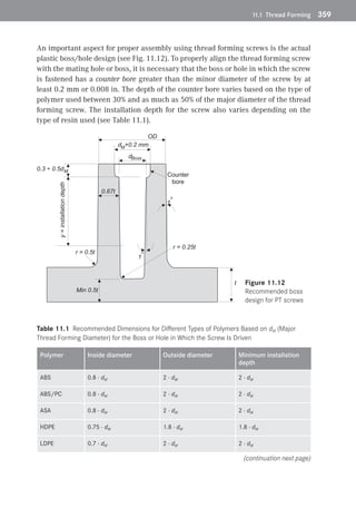 11.1 Thread Forming	 359
An important aspect for proper assembly using thread forming screws is the actual
plastic boss /hole design (see Fig. 11.12). To properly align the thread forming screw
with the mating hole or boss, it is necessary that the boss or hole in which the screw
is fastened has a counter bore greater than the minor diameter of the screw by at
least 0.2 mm or 0.008 in. The depth of the counter bore varies based on the type of
polymer used between 30% and as much as 50% of the major diameter of the thread
forming screw. The installation depth for the screw also varies depending on the
type of resin used (see Table 11.1).
t
OD
d +0.2 mm
M
0.3 ÷ 0.5dM
1
o
1
o
r = 0.5t
r = 0.25t
0.67t
y
=
installation
depth
dBoss
Min 0.5t
Counter
bore
 Figure 11.12 
Recommended boss
design for PT screws
Table 11.1 Recommended Dimensions for Different Types of Polymers Based on dM (Major
Thread Forming Diameter) for the Boss or Hole in Which the Screw Is Driven
Polymer Inside diameter Outside diameter Minimum installation
depth
ABS 0.8 · dM 2 · dM 2 · dM
ABS/PC 0.8 · dM 2 · dM 2 · dM
ASA 0.8 · dM 2 · dM 2 · dM
HDPE 0.75 · dM 1.8 · dM 1.8 · dM
LDPE 0.7 · dM 2 · dM 2 · dM
(continuation next page)
 