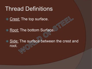 Thread Definitions
   Crest: The top surface.

   Root: The bottom Surface.

   Side: The surface between the crest and
    root.
 