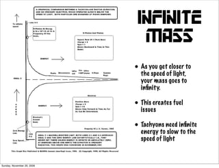Infinite
                              mass
                            • As you getof light,to
                              the speed
                                         closer

                              your mass goes to
                              inﬁnity.

                            • This creates fuel
                              issues

                            • Tachyons need inﬁnite
                              energy to slow to the
                              speed of light



Sunday, November 29, 2009
 