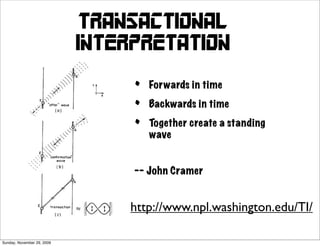 transactional
                            interpretation

                                 •   Forwards in time

                                 •   Backwards in time

                                 •   Together create a standing
                                     wave


                                 -- John Cramer


                                http://www.npl.washington.edu/TI/

Sunday, November 29, 2009
 