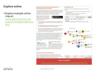 Explore	
  online	
  
• Explore	
  example	
  online	
  
map	
  at:	
  
www.optimice.com.au/
projectinterdependencies.
php...
