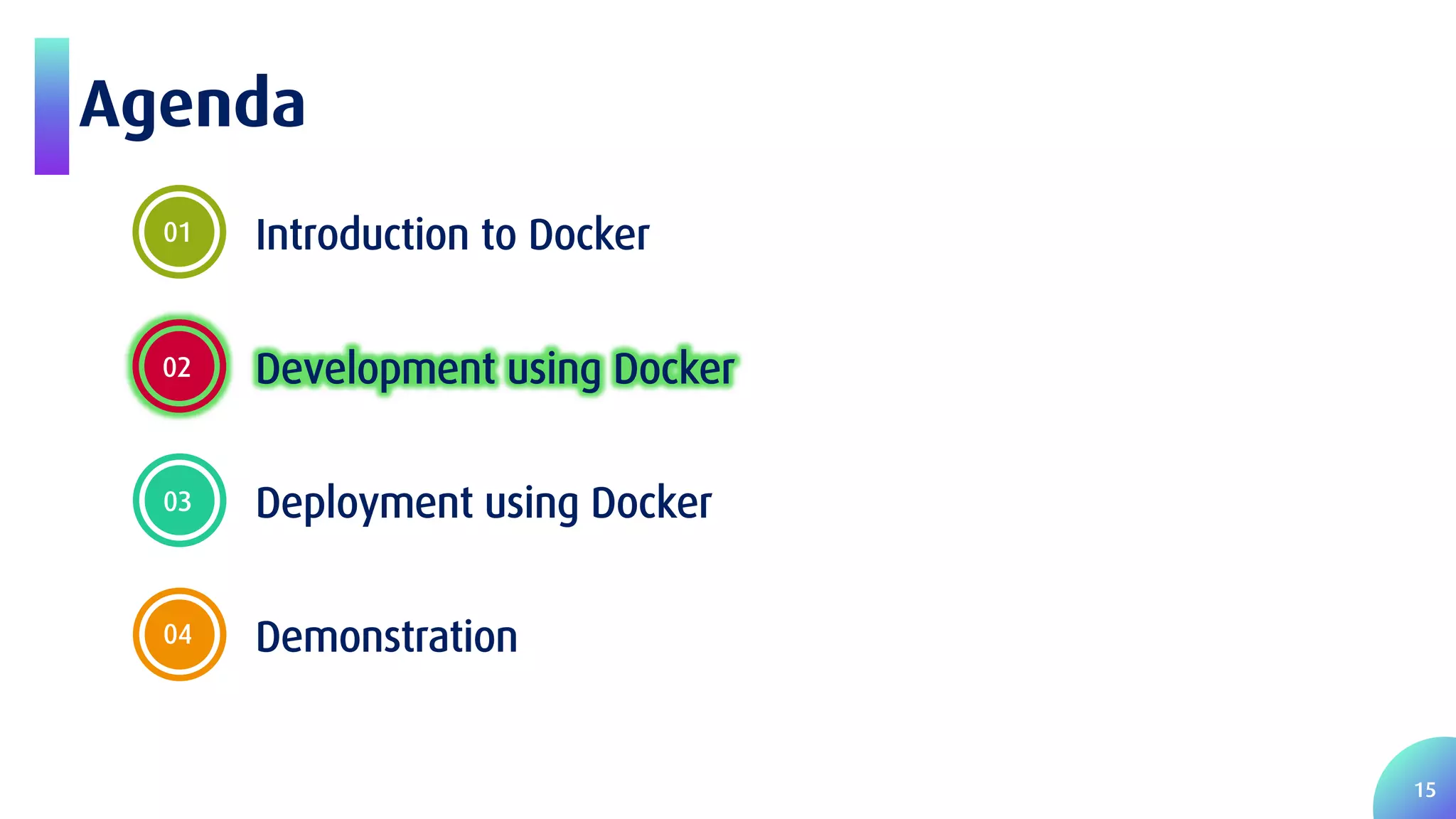 15 Agenda 01 Introduction to Docker 02 Development using Docker 03 Deployment using Docker 04 Demonstration 