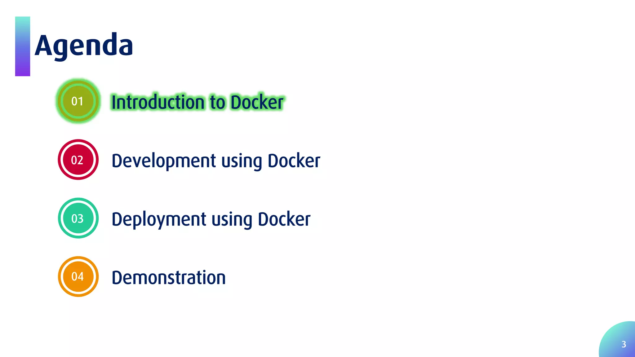 3 Agenda 01 Introduction to Docker 02 Development using Docker 03 Deployment using Docker 04 Demonstration 