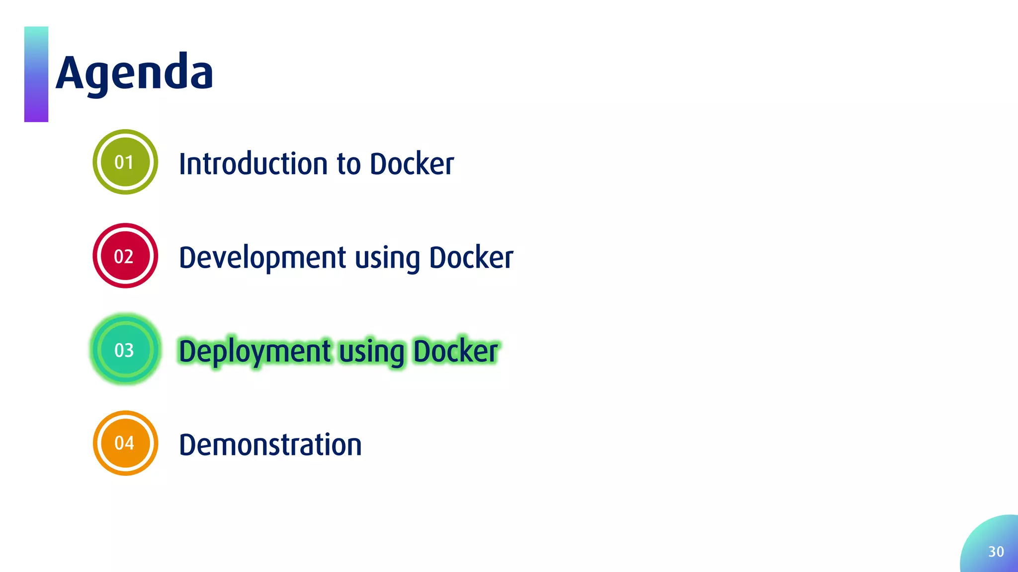 30 Agenda 01 Introduction to Docker 02 Development using Docker 03 Deployment using Docker 04 Demonstration 