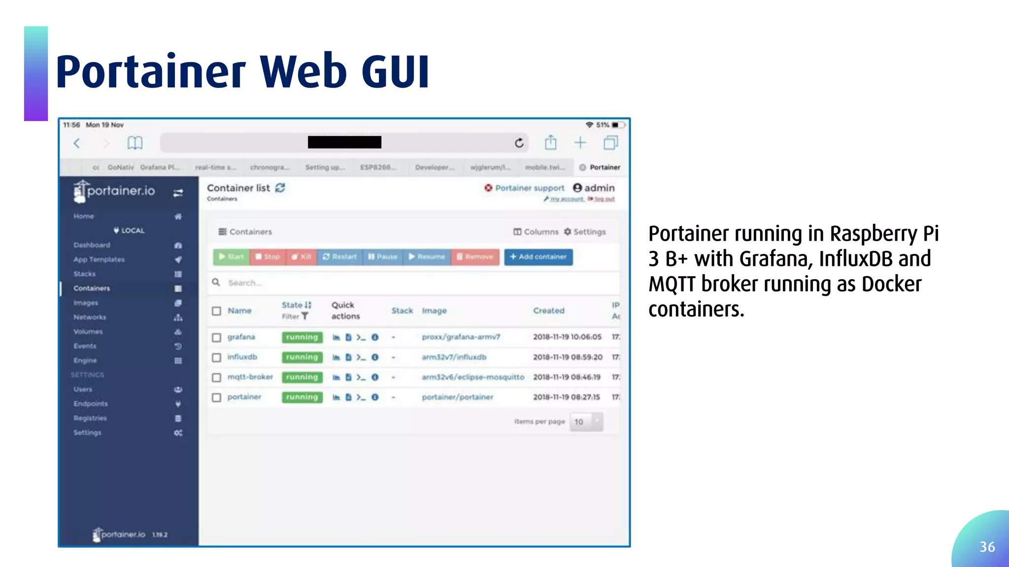 36 Portainer Web GUI Portainer running in Raspberry Pi 3 B+ with Grafana, InfluxDB and MQTT broker running as Docker containers. 