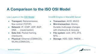 A Comparison to the ISO OSI Model
MARIADB SERVER
Low Layers in the OSI Model
● Transport: Retransmission,
flow control (TCP/IP)
● Network: IP, ICMP, UDP, BGP,
DNS, … (router/switch)
● Data link: Packet framing,
checksums
● Physical: Ethernet (CSMA/CD),
WLAN (CSMA/CA), …
● Transaction: ACID, MVCC
● Mini-transaction: Atomic,
Durable multi-page changes
with checksums & recovery
● File system: ext4, XFS, ZFS,
NFS, …
● Storage: HDD, SSD, PMEM, …
InnoDB Engine in MariaDB Server
6
 