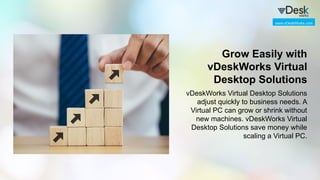 Grow Easily with
vDeskWorks Virtual
Desktop Solutions
vDeskWorks Virtual Desktop Solutions
adjust quickly to business needs. A
Virtual PC can grow or shrink without
new machines. vDeskWorks Virtual
Desktop Solutions save money while
scaling a Virtual PC.
www.vDeskWorks.com
 