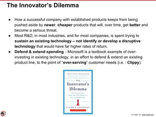 © Torak, Inc. www.torak.com
The Innovator’s Dilemma
● How a successful company with established products keeps from being
pushed aside by newer, cheaper products that will, over time, get better and
become a serious threat.
● Most R&D, in most industries, and for most companies, is spent trying to
sustain an existing technology – not identify or develop a disruptive
technology that would have far higher rates of return.
● Defend & extend spending - Microsoft is a textbook example of over-
investing in existing technology, in an effort to defend & extend an existing
product line, to the point of “over-serving” customer needs (i.e. : Clippy).
 