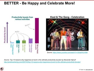 © Torak, Inc. www.torak.com
BETTER - Be Happy and Celebrate More!
Source: Top 10 reasons why happiness at work is the ultimate productivity booster by Alexander Kjerulf
http://positivesharing.com/2007/03/top-10-reasons-why-happiness-at-work-is-the-ultimate-productivity-booster/
Kool & The Gang - Celebration
Source: https://www.youtube.com/watch?v=3GwjfUFyY6M
 