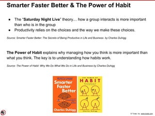 © Torak, Inc. www.torak.com
Smarter Faster Better & The Power of Habit
● The “Saturday Night Live” theory… how a group interacts is more important
than who is in the group
● Productivity relies on the choices and the way we make these choices.
Source: Smarter Faster Better: The Secrets of Being Productive in Life and Business by Charles Duhigg
The Power of Habit explains why managing how you think is more important than
what you think. The key is to understanding how habits work.
Source: The Power of Habit: Why We Do What We Do in Life and Business by Charles Duhigg
 
