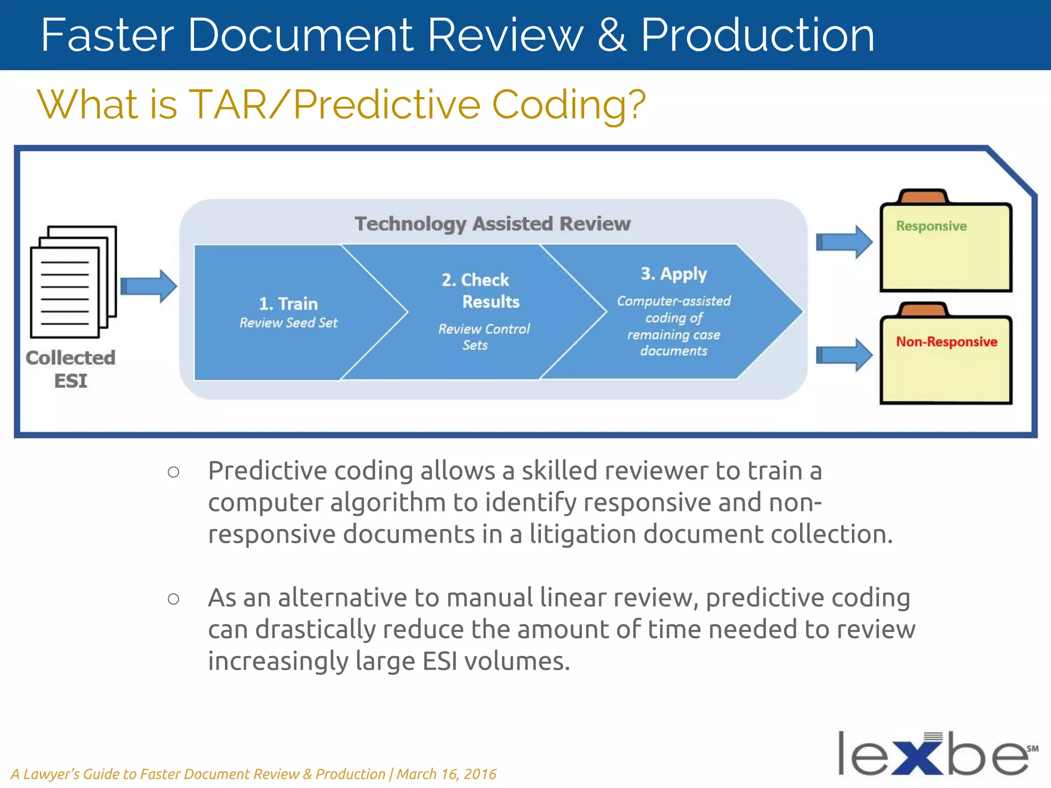 ○ Predictive coding allows a skilled reviewer to train a
computer algorithm to identify responsive and non-
responsive documents in a litigation document collection.
○ As an alternative to manual linear review, predictive coding
can drastically reduce the amount of time needed to review
increasingly large ESI volumes.
What is TAR/Predictive Coding?
A Lawyer’s Guide to Faster Document Review & Production | March 16, 2016
Faster Document Review & Production
 