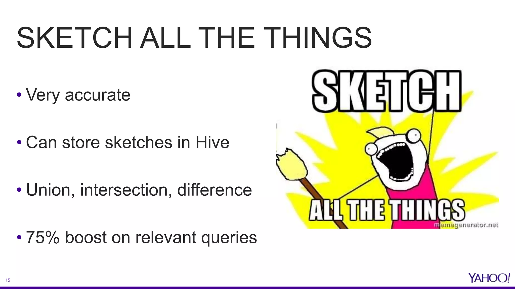 15
SKETCH ALL THE THINGS
• Very accurate
• Can store sketches in Hive
• Union, intersection, difference
• 75% boost on relevant queries
 