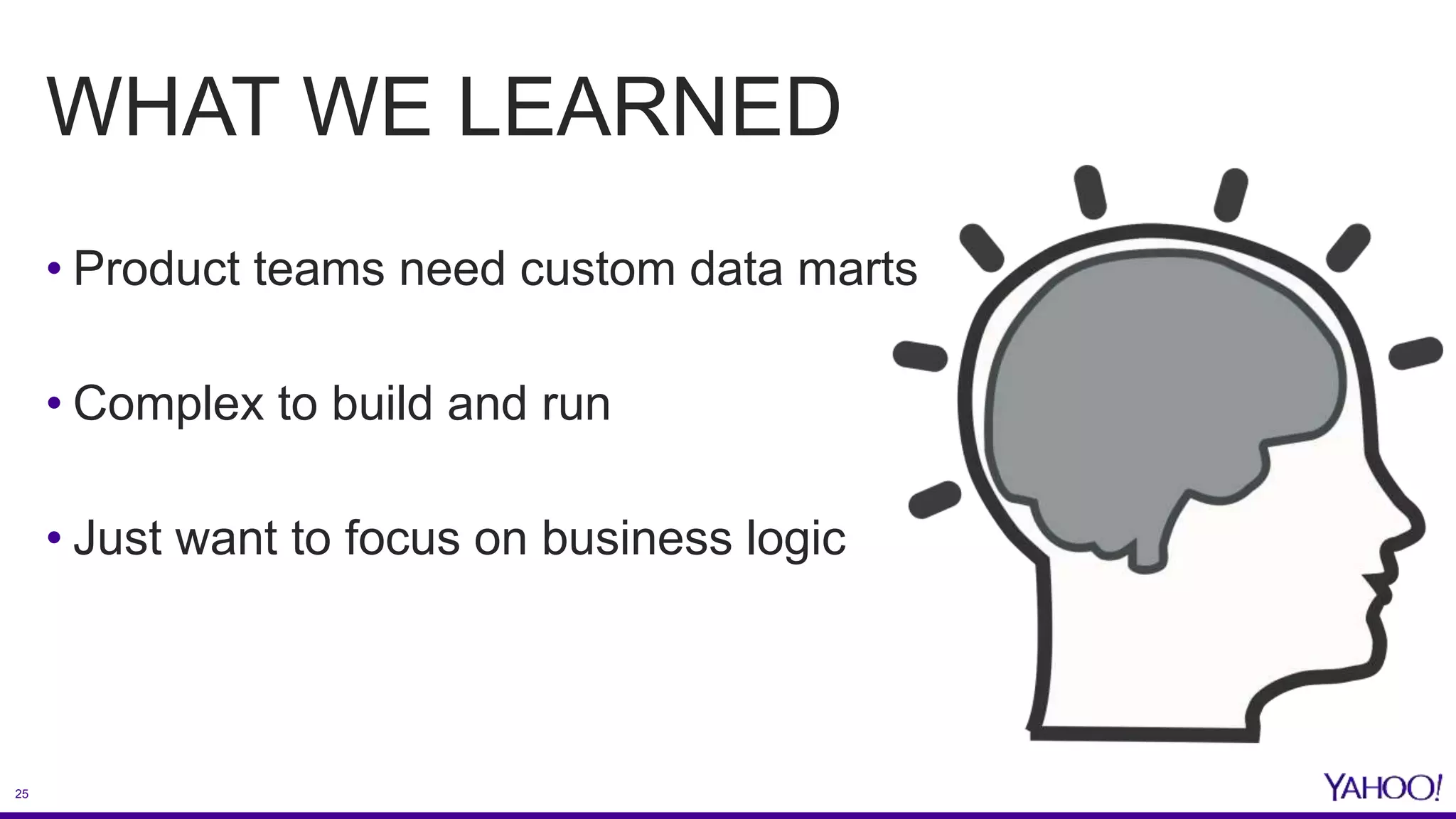 25
WHAT WE LEARNED
• Product teams need custom data marts
• Complex to build and run
• Just want to focus on business logic
 