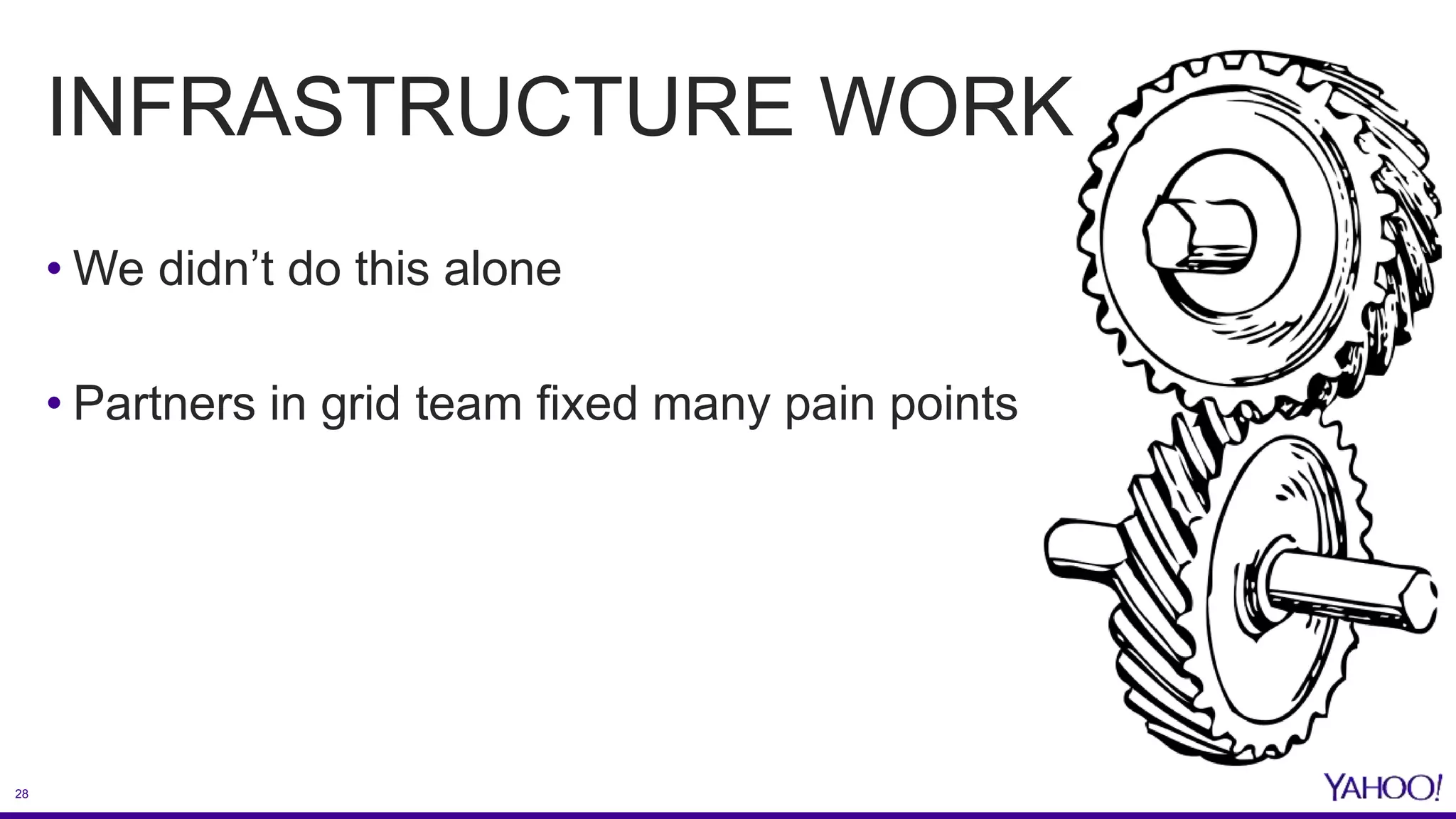 28
INFRASTRUCTURE WORK
• We didn’t do this alone
• Partners in grid team fixed many pain points
 