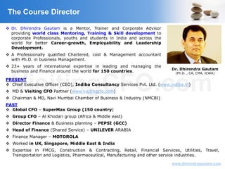 VisitingCFO.com
www.dhirendragautam.com
 Dr. Dhirendra Gautam is a Mentor, Trainer and Corporate Advisor
providing world class Mentoring, Training & Skill development to
corporate Professionals, youths and students in India and across the
world for better Career-growth, Employability and Leadership
Development.
 A Professionally qualified Chartered, cost & Management accountant
with Ph.D. in business Management.
 23+ years of international expertise in leading and managing the
business and Finance around the world for 150 countries.
PRESENT
 Chief Executive Officer (CEO), Indiba Consultancy Services Pvt. Ltd. (www.indiba.in)
 MD & Visiting CFO Partner (www.visitingcfo.com)
 Chairman & MD, Navi Mumbai Chamber of Business & Industry (NMCBI)
PAST
 Global CFO – SuperMax Group (150 country)
 Group CFO – Al Khodari group (Africa & Middle east)
 Director Finance & Business planning – PEPSI (GCC)
 Head of Finance (Shared Service) – UNILEVER ARABIA
 Finance Manager – MOTOROLA
 Worked in UK, Singapore, Middle East & India
 Expertise in FMCG, Construction & Contracting, Retail, Financial Services, Utilities, Travel,
Transportation and Logistics, Pharmaceutical, Manufacturing and other service industries.
Dr. Dhirendra Gautam
(Ph.D. , CA, CMA, ICWA)
The Course Director
 