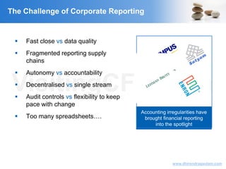 VisitingCFO.com
www.dhirendragautam.com
Accounting irregularities have
brought financial reporting
into the spotlight
The Challenge of Corporate Reporting
 Fast close vs data quality
 Fragmented reporting supply
chains
 Autonomy vs accountability
 Decentralised vs single stream
 Audit controls vs flexibility to keep
pace with change
 Too many spreadsheets….
 