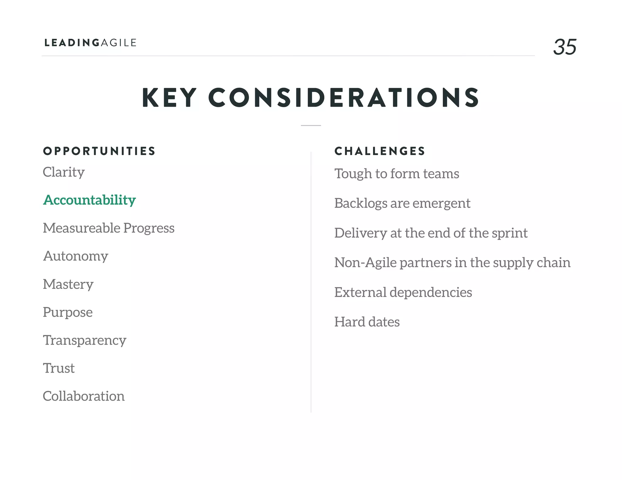 3535
KEY CONSIDERATIONS
OPPORTU N ITIE S
Clarity
Accountability
Measureable Progress
Autonomy
Mastery
Purpose
Transparency
Trust
Collaboration
CHALLE N G E S
Tough to form teams
Backlogs are emergent
Delivery at the end of the sprint
Non-Agile partners in the supply chain
External dependencies
Hard dates
 