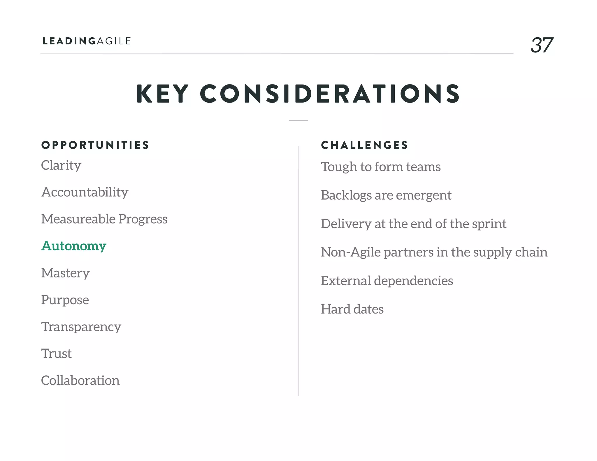 3737
KEY CONSIDERATIONS
OPPORTU N ITIE S
Clarity
Accountability
Measureable Progress
Autonomy
Mastery
Purpose
Transparency
Trust
Collaboration
CHALLE N G E S
Tough to form teams
Backlogs are emergent
Delivery at the end of the sprint
Non-Agile partners in the supply chain
External dependencies
Hard dates
 