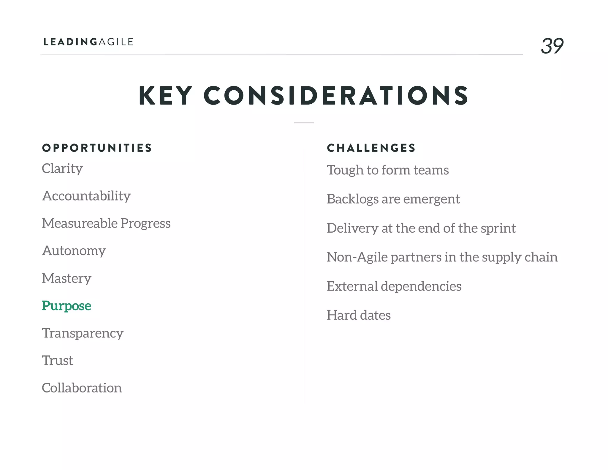 3939
KEY CONSIDERATIONS
OPPORTU N ITIE S
Clarity
Accountability
Measureable Progress
Autonomy
Mastery
Purpose
Transparency
Trust
Collaboration
CHALLE N G E S
Tough to form teams
Backlogs are emergent
Delivery at the end of the sprint
Non-Agile partners in the supply chain
External dependencies
Hard dates
 