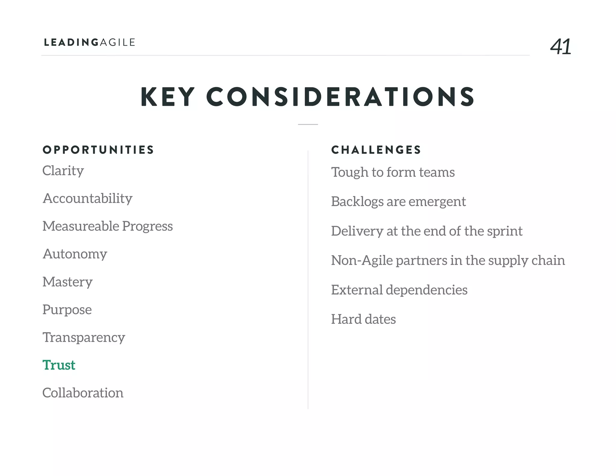 4141
KEY CONSIDERATIONS
OPPORTU N ITIE S
Clarity
Accountability
Measureable Progress
Autonomy
Mastery
Purpose
Transparency
Trust
Collaboration
CHALLE N G E S
Tough to form teams
Backlogs are emergent
Delivery at the end of the sprint
Non-Agile partners in the supply chain
External dependencies
Hard dates
 