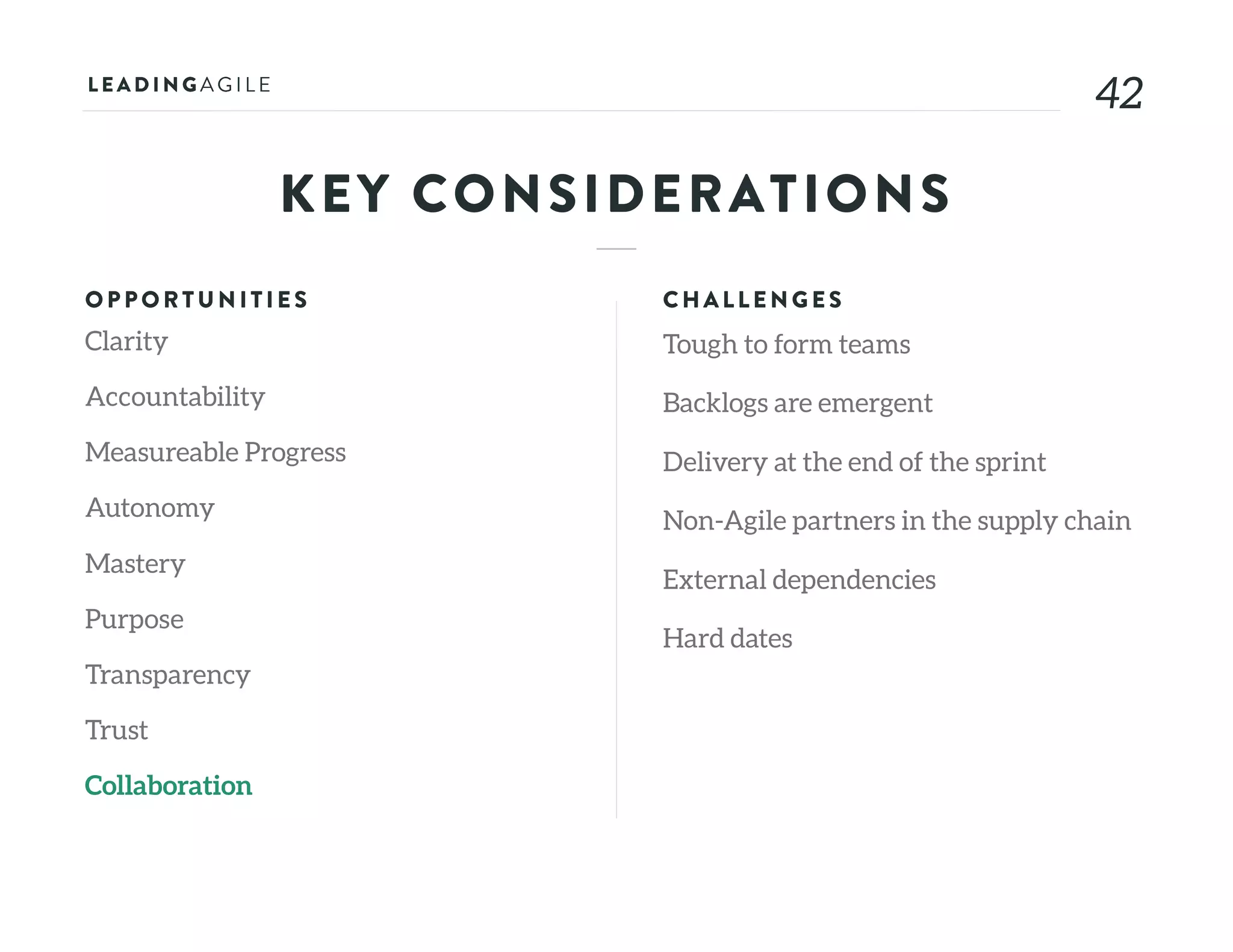 4242
KEY CONSIDERATIONS
OPPORTU N ITIE S
Clarity
Accountability
Measureable Progress
Autonomy
Mastery
Purpose
Transparency
Trust
Collaboration
CHALLE N G E S
Tough to form teams
Backlogs are emergent
Delivery at the end of the sprint
Non-Agile partners in the supply chain
External dependencies
Hard dates
 