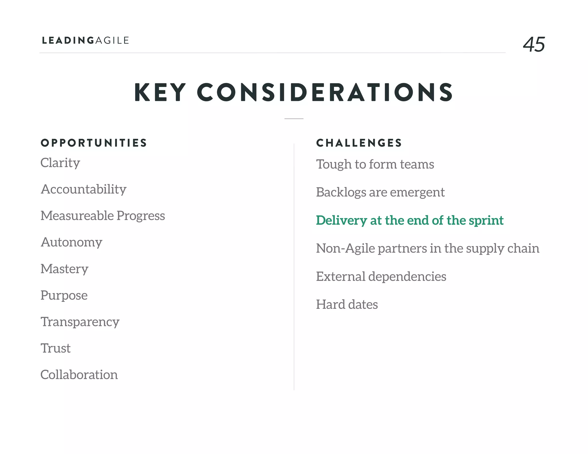 4545
KEY CONSIDERATIONS
OPPORTU N ITIE S
Clarity
Accountability
Measureable Progress
Autonomy
Mastery
Purpose
Transparency
Trust
Collaboration
CHALLE N G E S
Tough to form teams
Backlogs are emergent
Delivery at the end of the sprint
Non-Agile partners in the supply chain
External dependencies
Hard dates
 