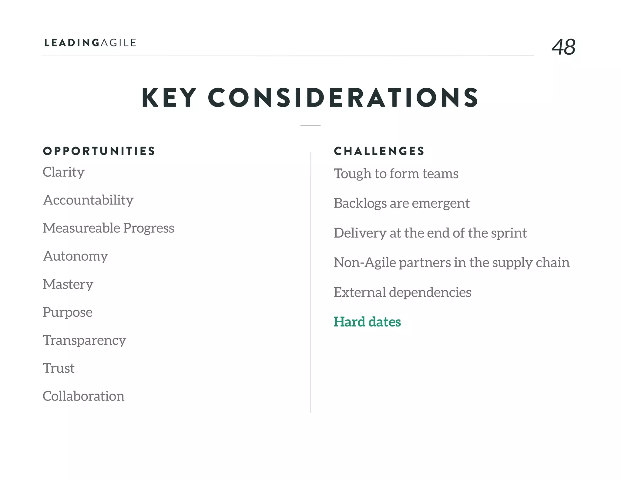 4848
KEY CONSIDERATIONS
OPPORTU N ITIE S
Clarity
Accountability
Measureable Progress
Autonomy
Mastery
Purpose
Transparency
Trust
Collaboration
CHALLE N G E S
Tough to form teams
Backlogs are emergent
Delivery at the end of the sprint
Non-Agile partners in the supply chain
External dependencies
Hard dates
 