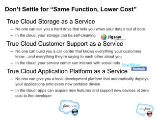True Cloud Storage as a Service No one can sell you a hard drive that tells you when your data’s out of date In the cloud, your storage can be self-cleaning True Cloud Customer Support as a Service No one can build you a call center that knows everything your customers know…and everything they’re saying to each other about you In the cloud, your service center can interact with social nets True Cloud Application Platform as a Service No one can give you a local development platform that automatically deploys your applications onto every new portable device In the cloud, apps can acquire new features and support new devices at zero cost to the developer Don’t Settle for “Same Function, Lower Cost” 