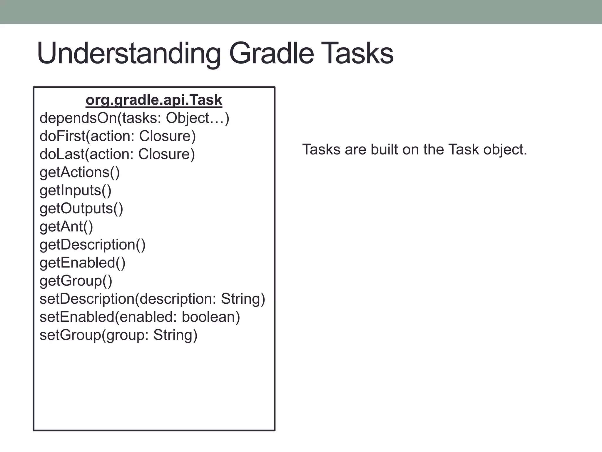 Understanding Gradle Tasks
org.gradle.api.Task
dependsOn(tasks: Object…)
doFirst(action: Closure)
doLast(action: Closure)
getActions()
getInputs()
getOutputs()
getAnt()
getDescription()
getEnabled()
getGroup()
setDescription(description: String)
setEnabled(enabled: boolean)
setGroup(group: String)
Tasks are built on the Task object.
 