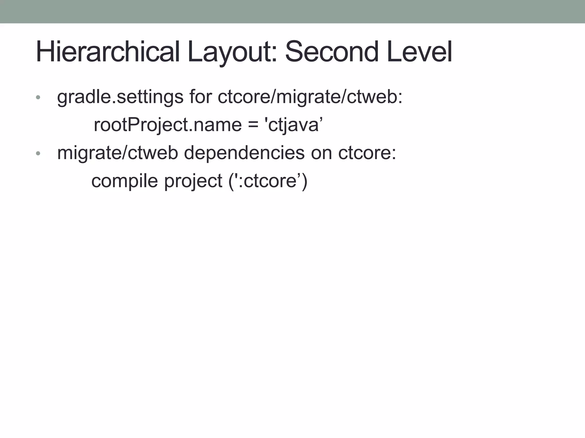 Hierarchical Layout: Second Level
• gradle.settings for ctcore/migrate/ctweb:
rootProject.name = 'ctjava’
• migrate/ctweb dependencies on ctcore:
compile project (':ctcore’)
 