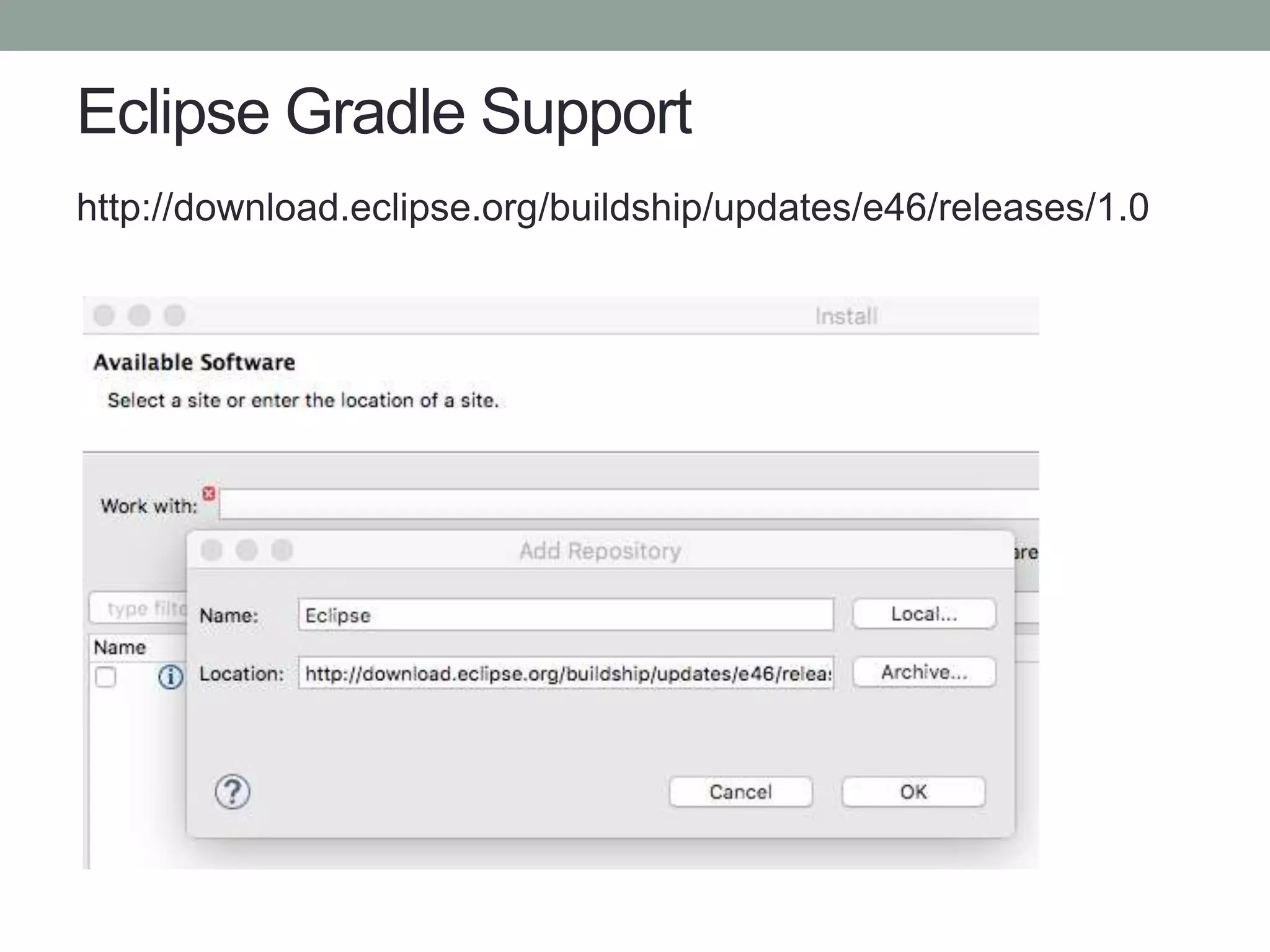 Eclipse Gradle Support
http://download.eclipse.org/buildship/updates/e46/releases/1.0
 