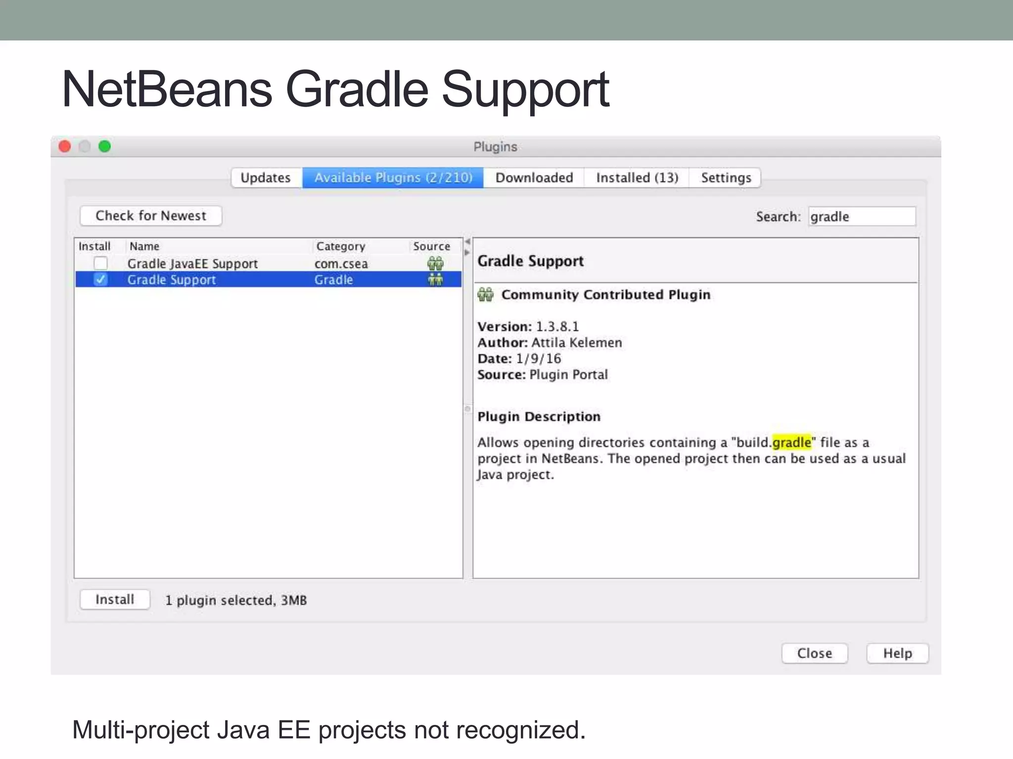 NetBeans Gradle Support
Multi-project Java EE projects not recognized.
 