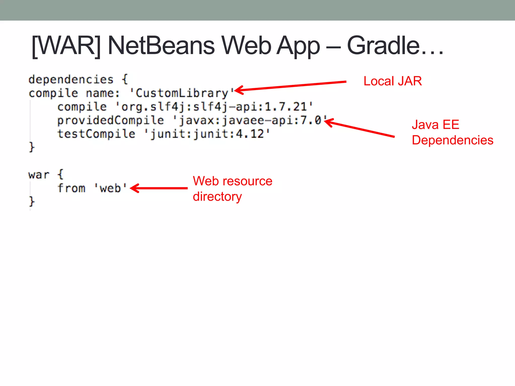[WAR] NetBeans Web App – Gradle…
Web resource
directory
Java EE
Dependencies
Local JAR
 