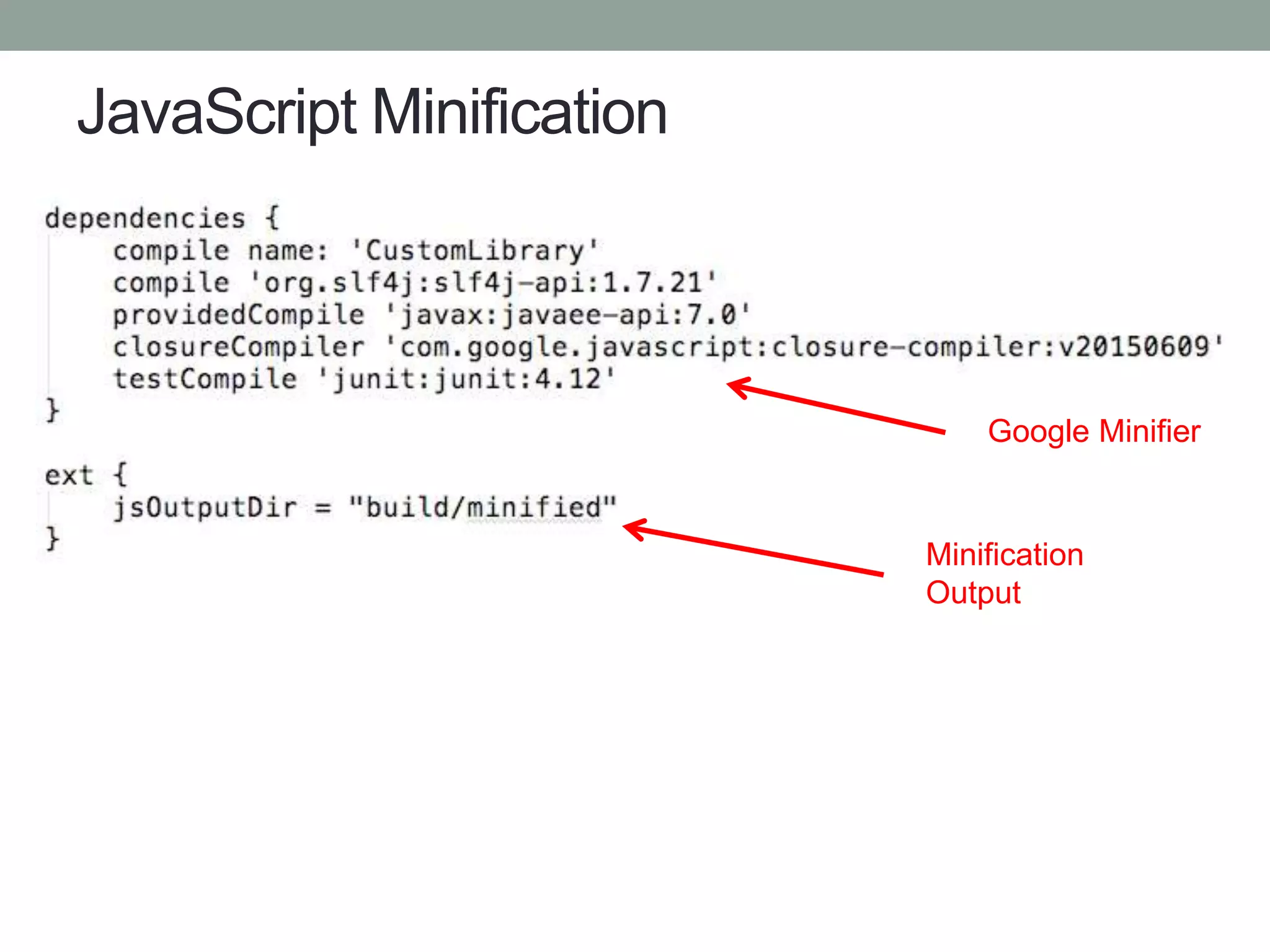 JavaScript Minification
Minification
Output
Google Minifier
 