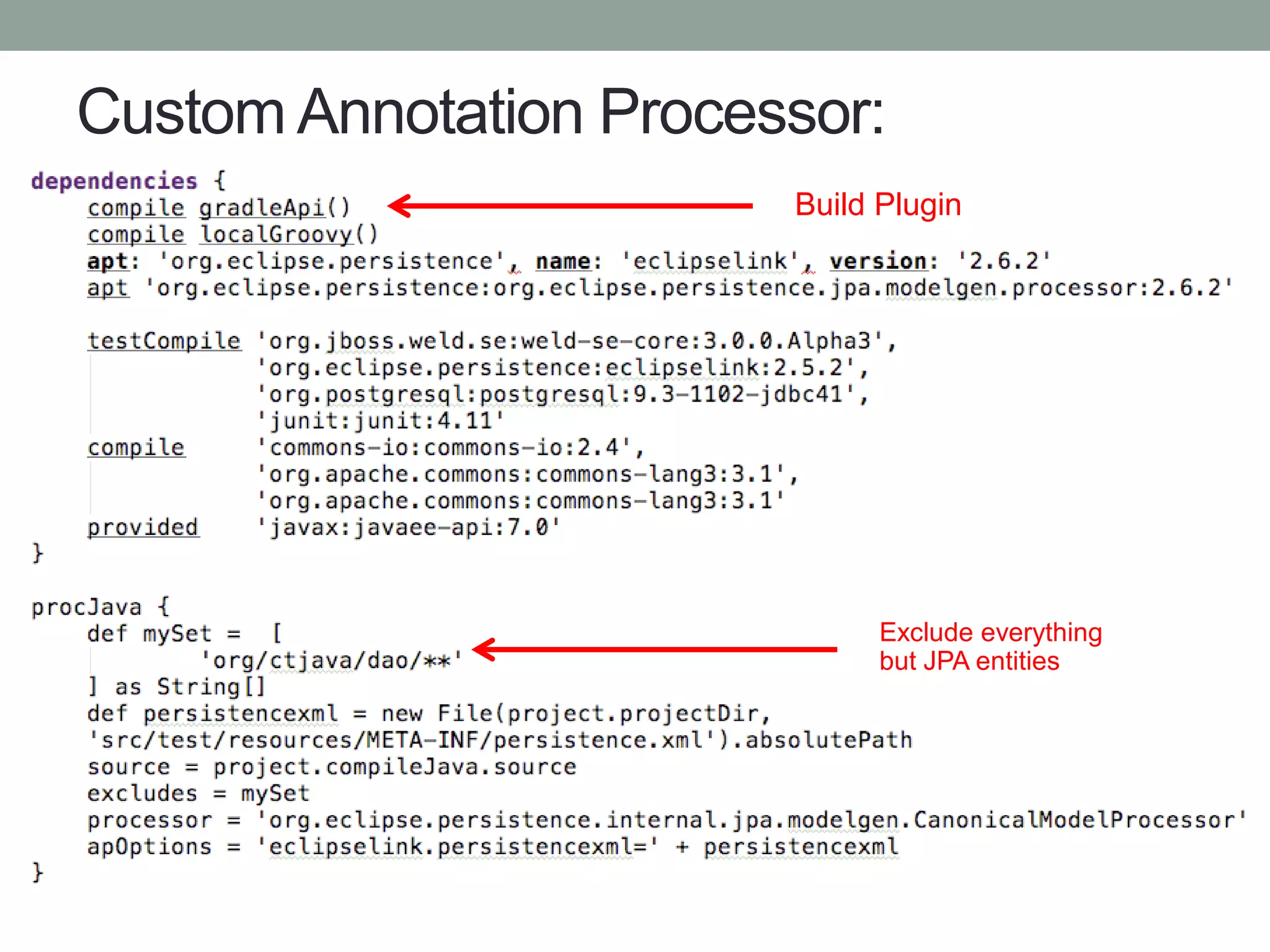 Custom Annotation Processor:
Build Plugin
Exclude everything
but JPA entities
 