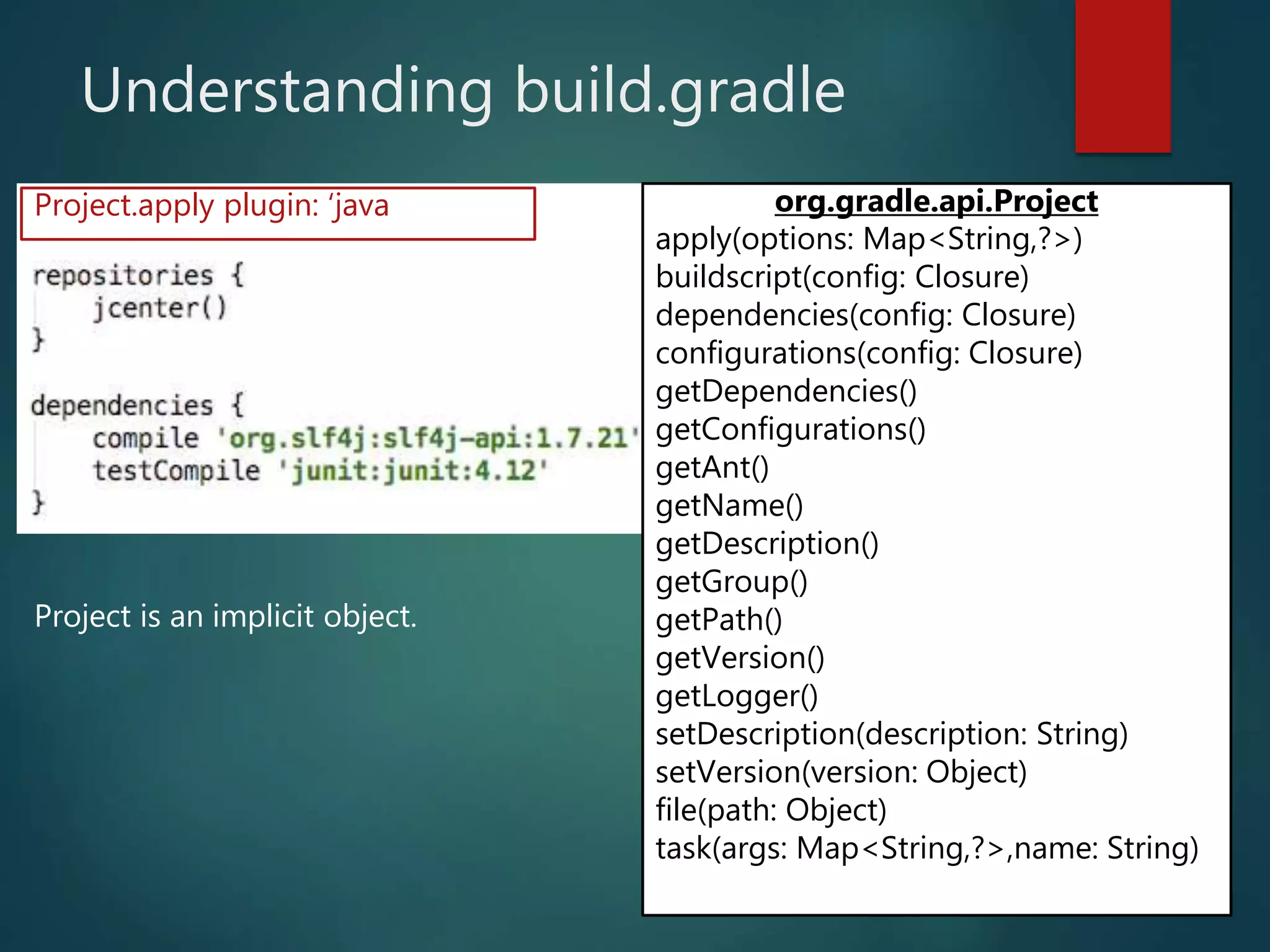 Understanding build.gradle
org.gradle.api.Project
apply(options: Map<String,?>)
buildscript(config: Closure)
dependencies(config: Closure)
configurations(config: Closure)
getDependencies()
getConfigurations()
getAnt()
getName()
getDescription()
getGroup()
getPath()
getVersion()
getLogger()
setDescription(description: String)
setVersion(version: Object)
file(path: Object)
task(args: Map<String,?>,name: String)
Project is an implicit object.
Project.apply plugin: ‘java
 