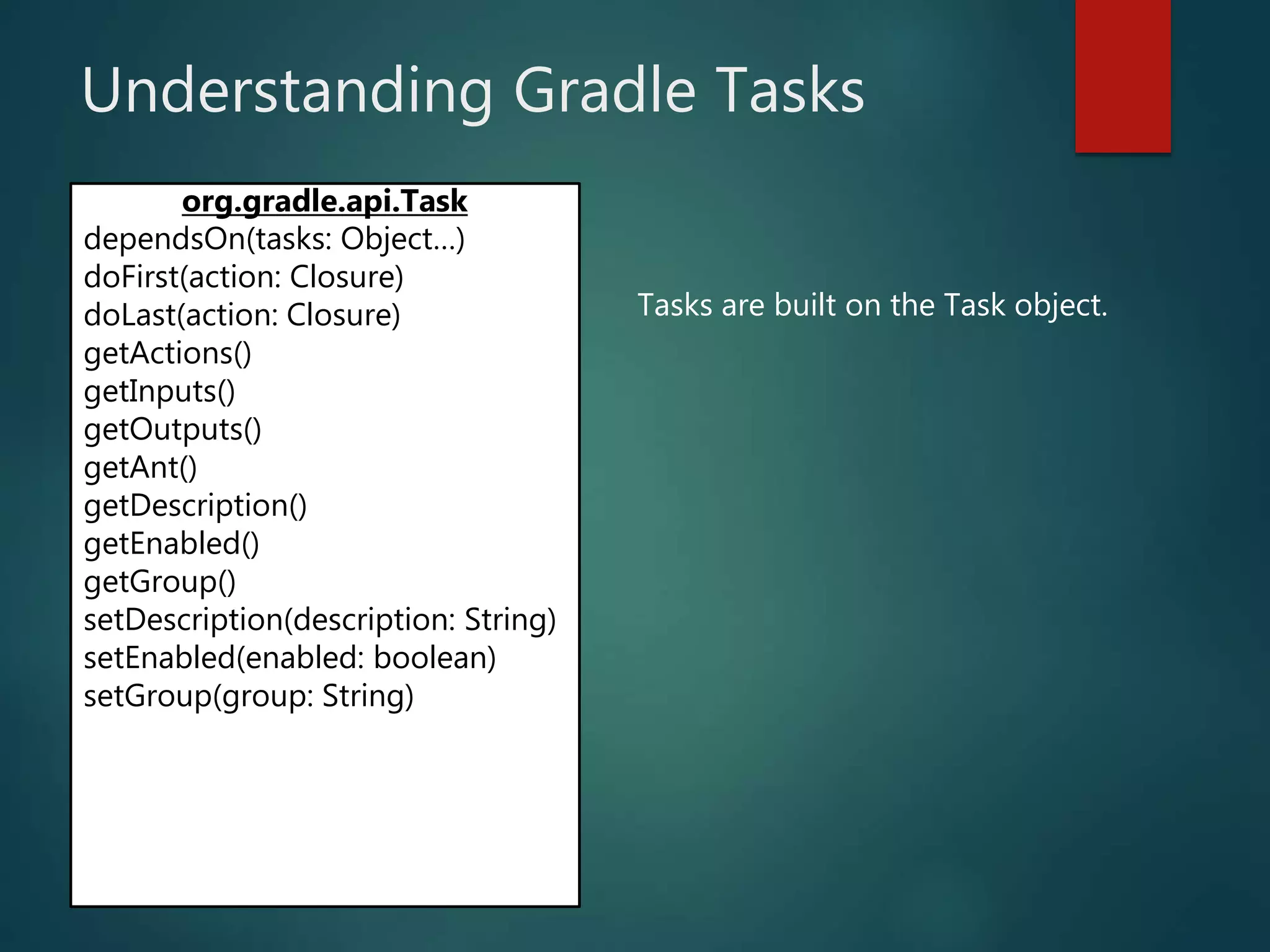 Understanding Gradle Tasks
org.gradle.api.Task
dependsOn(tasks: Object…)
doFirst(action: Closure)
doLast(action: Closure)
getActions()
getInputs()
getOutputs()
getAnt()
getDescription()
getEnabled()
getGroup()
setDescription(description: String)
setEnabled(enabled: boolean)
setGroup(group: String)
Tasks are built on the Task object.
 