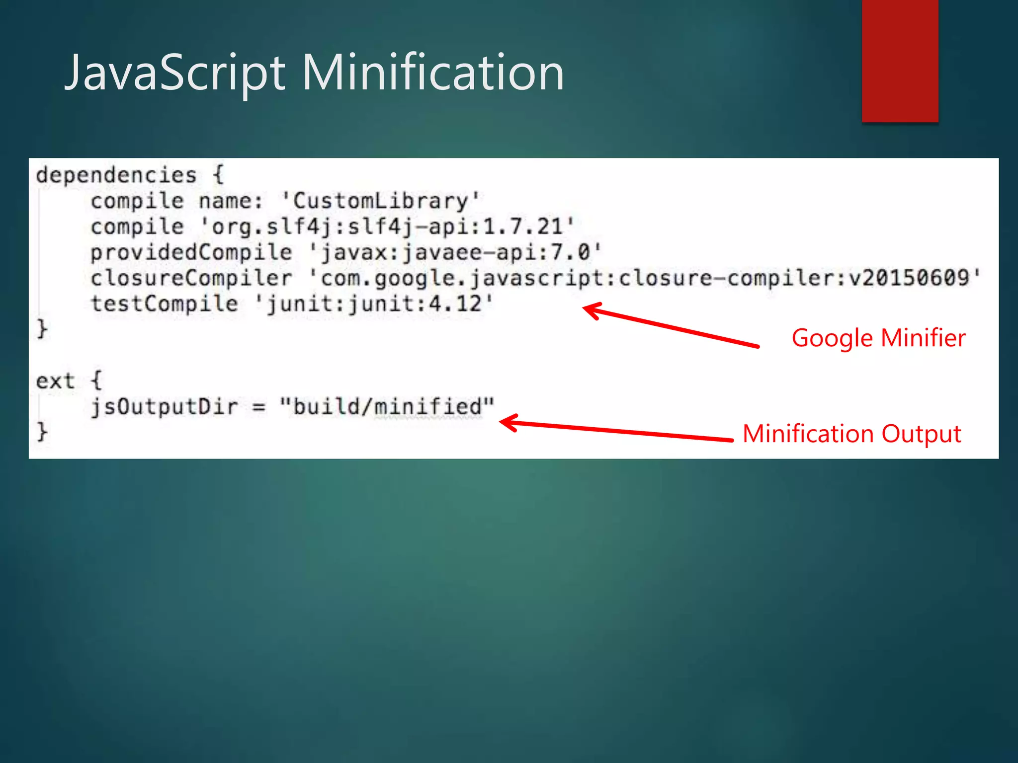 JavaScript Minification
Minification Output
Google Minifier
 