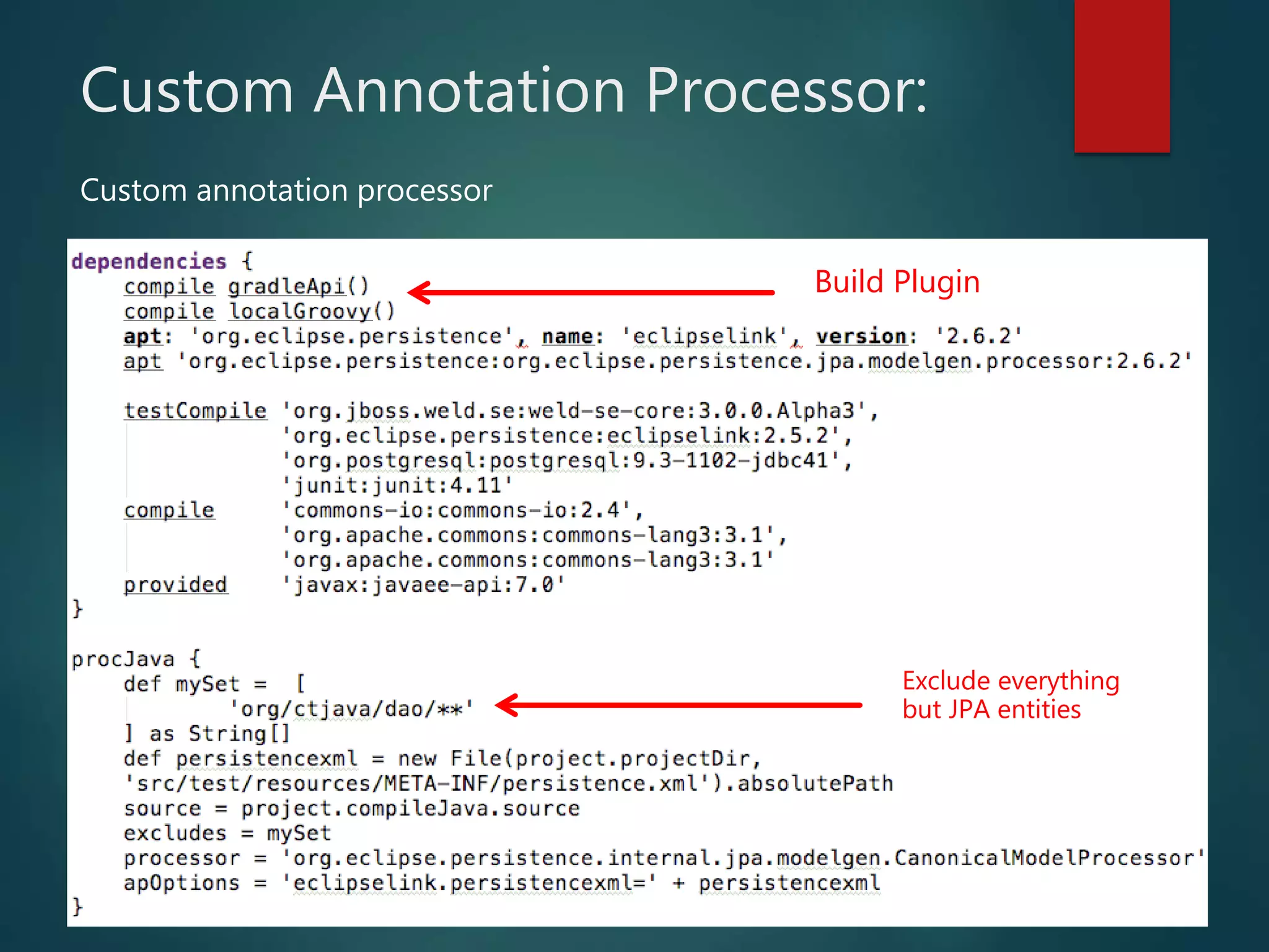 Custom Annotation Processor:
Build Plugin
Exclude everything
but JPA entities
Custom annotation processor
 