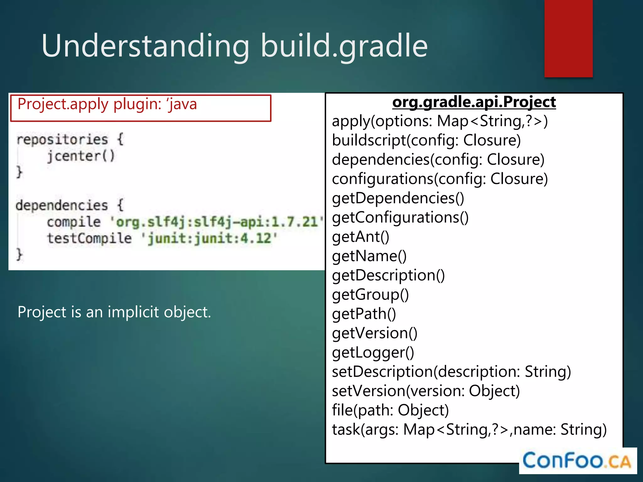 Understanding build.gradle
org.gradle.api.Project
apply(options: Map<String,?>)
buildscript(config: Closure)
dependencies(config: Closure)
configurations(config: Closure)
getDependencies()
getConfigurations()
getAnt()
getName()
getDescription()
getGroup()
getPath()
getVersion()
getLogger()
setDescription(description: String)
setVersion(version: Object)
file(path: Object)
task(args: Map<String,?>,name: String)
Project is an implicit object.
Project.apply plugin: ‘java
 