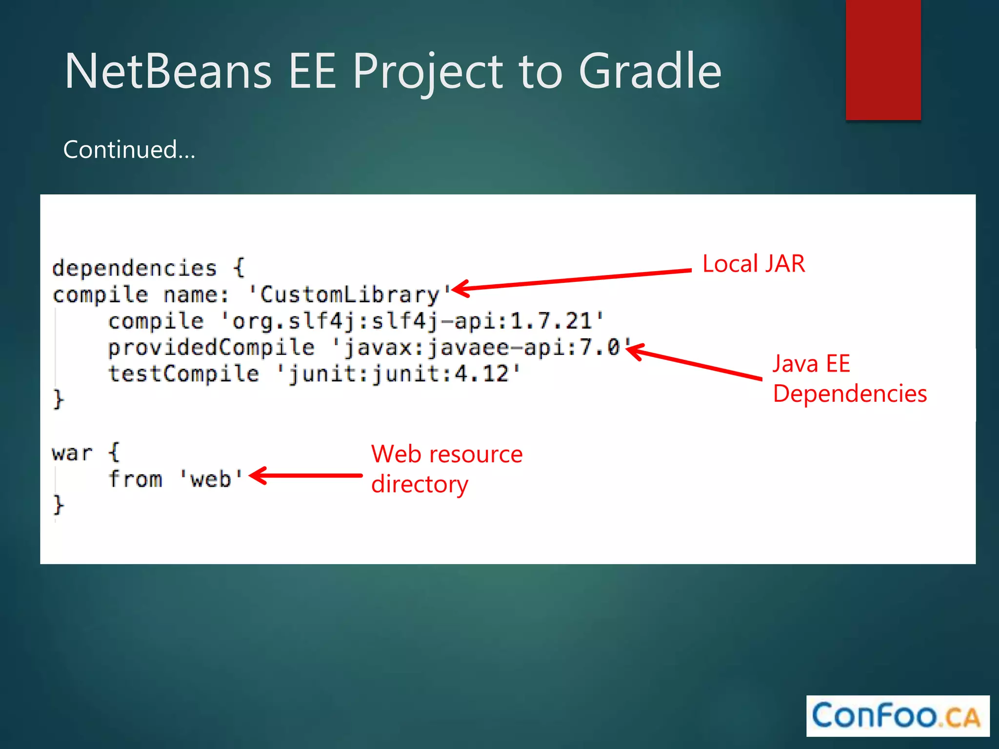 NetBeans EE Project to Gradle
Web resource
directory
Java EE
Dependencies
Local JAR
Continued…
 