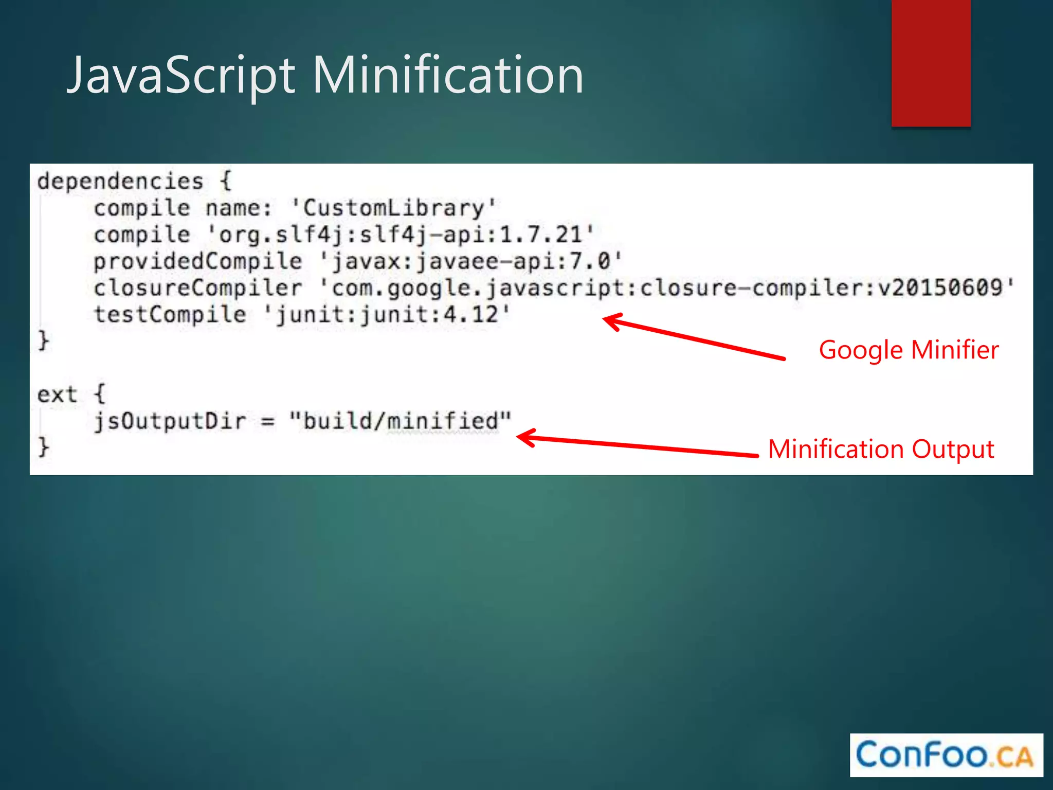 JavaScript Minification
Minification Output
Google Minifier
 