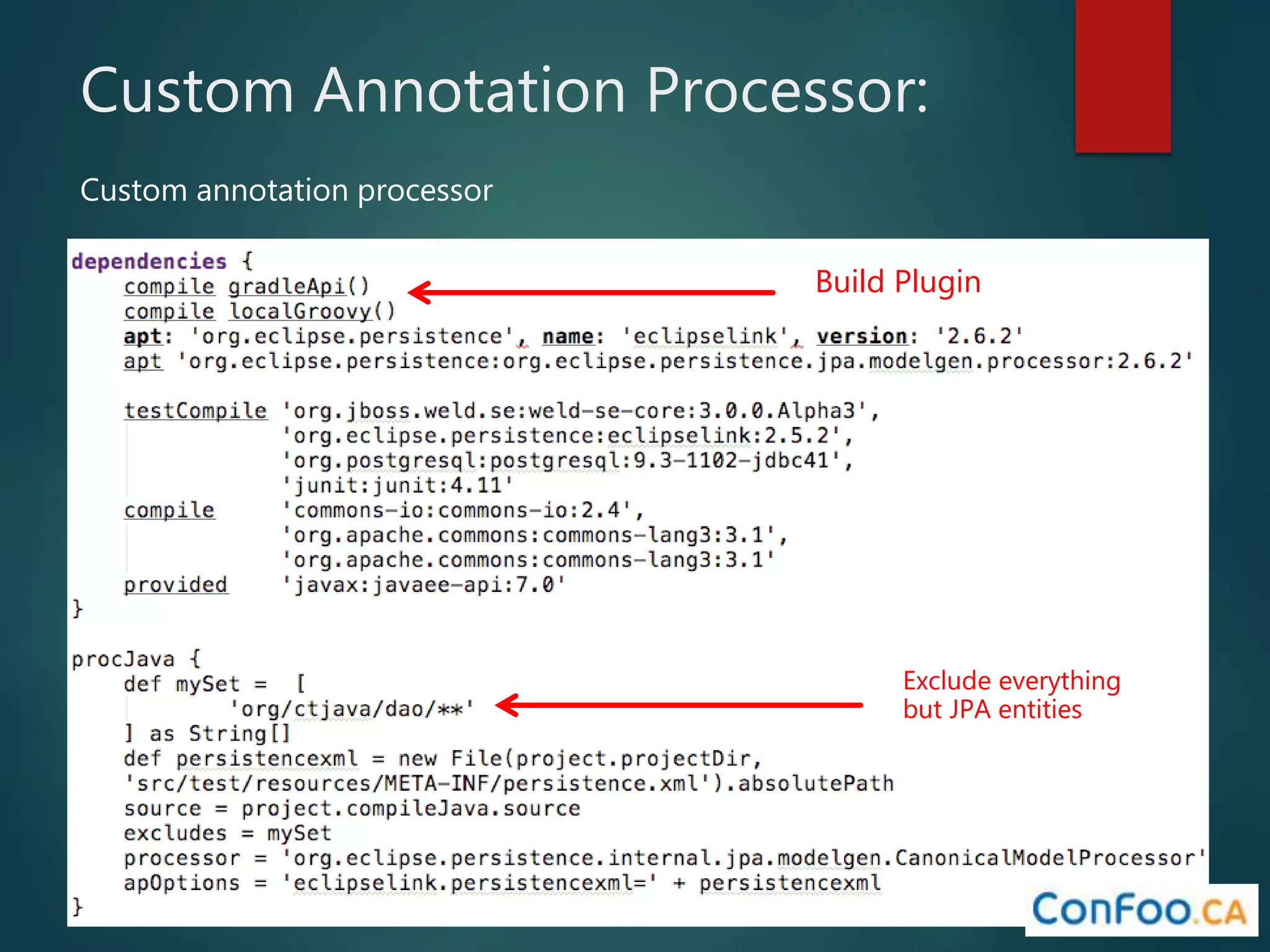 Custom Annotation Processor:
Build Plugin
Exclude everything
but JPA entities
Custom annotation processor
 