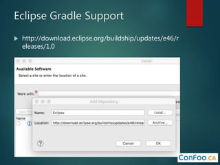Eclipse Gradle Support
 http://download.eclipse.org/buildship/updates/e46/r
eleases/1.0
 