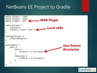 NetBeans EE Project to Gradle
Java Source
directories
WAR Plugin
Local JARs
 