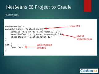 NetBeans EE Project to Gradle
Web resource
directory
Java EE
Dependencies
Local JAR
Continued…
 