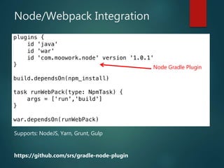 Node/Webpack Integration
Node Gradle Plugin
https://github.com/srs/gradle-node-plugin
Supports: NodeJS, Yarn, Grunt, Gulp
 