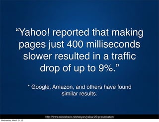 “Yahoo! reported that making
                pages just 400 milliseconds
                 slower resulted in a trafﬁc
                     drop of up to 9%.”
                          * Google, Amazon, and others have found
                                      similar results.



                                http://www.slideshare.net/stoyan/yslow-20-presentation
Wednesday, March 21, 12
 