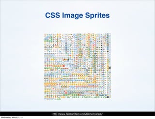 CSS Image Sprites




                           http://www.famfamfam.com/lab/icons/silk/
Wednesday, March 21, 12
 